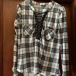 Black and white casual lace up blouse